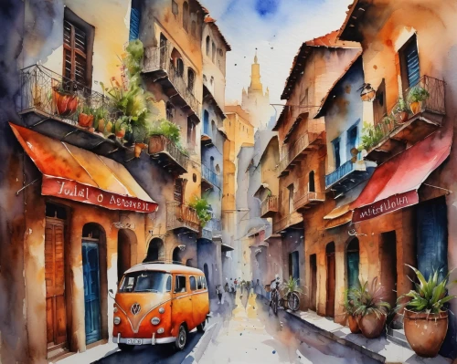 watercolor painting,watercolor paris,watercolor,watercolor shops,watercolor background,italian painter,watercolor pencils,watercolor paint,watercolors,old havana,water color,watercolor paris shops,colorful city,havana,street scene,boho art,watercolour,watercolor paper,oil painting on canvas,narrow street,Illustration,Paper based,Paper Based 24