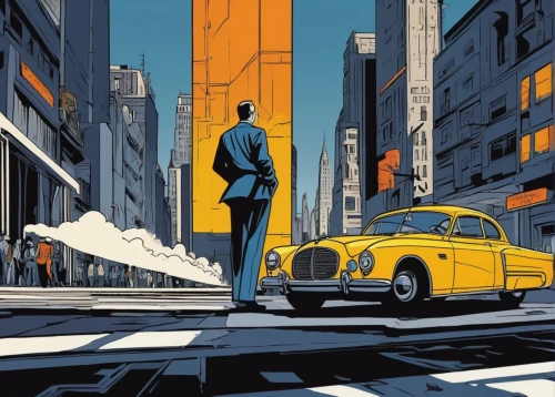 a pedestrian,pedestrian,cab driver,new york taxi,transporter,city car,travel poster,manhattan,white-collar worker,big city,commute,sci fiction illustration,ford prefect,taxi,drive,yellow taxi,taxi cab,lupin,continental,tall buildings,Illustration,American Style,American Style 09