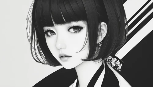 monochrome,anime 3d,black white,persona,sidonia,black-and-white,white and black color,color black and white,blackandwhite,geisha girl,black and white,japanese woman,black color,geisha,hime cut,anime girl,vector girl,artist doll,girl portrait,grayscale,Illustration,Realistic Fantasy,Realistic Fantasy 08