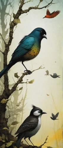 birds on a branch,birds on branch,bird painting,bird illustration,songbirds,flower and bird illustration,blue birds and blossom,wild birds,old world oriole,bird species,birds,the birds,tropical birds,nature bird,black billed magpie,colorful birds,crows,migratory birds,passerine bird,blue bird,Illustration,Realistic Fantasy,Realistic Fantasy 29