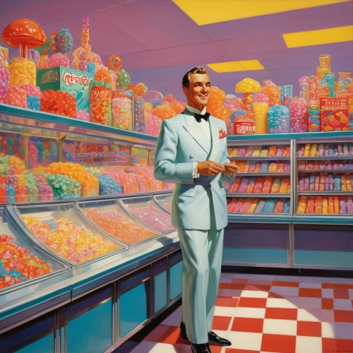 candy store,candy shop,confectionery,ice cream parlor,soda fountain,soda shop,ice cream shop,candy crush,supermarket,consumerism,blancmange,tutti frutti,candies,sugar candy,deli,salt water taffy,candy bar,toy store,50s,psychedelic art,Art,Classical Oil Painting,Classical Oil Painting 15