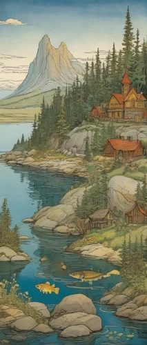 lake mcdonald,salt meadow landscape,house with lake,cool woodblock images,frederic church,robert duncanson,maligne lake,west canada,mountainlake,mountain lake,mountain scene,an island far away landscape,alpine lake,coastal landscape,mountain settlement,home landscape,whistler,high mountain lake,british columbia,david bates,Illustration,Retro,Retro 22