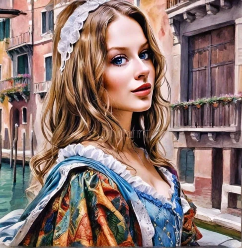 the carnival of venice,oil painting on canvas,italian painter,oil painting,art painting,hallia venezia,romantic portrait,david bates,photo painting,emile vernon,venetia,venice,victorian lady,young woman,venetian,botticelli,girl in a historic way,girl on the river,portrait of a girl,fantasy art