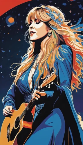 stevie nicks,guitar,lady rocks,vector illustration,the guitar,vector graphic,stevie,concert guitar,the blonde in the river,painted guitar,feist,vector image,vector art,cd cover,playing the guitar,guitar solo,balalaika,electric guitar,rivers,country song,Unique,3D,Isometric