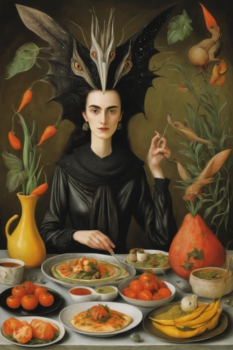 woman eating apple,woman holding pie,appetite,surrealism,gothic portrait,sicilian cuisine,cornucopia,culinary art,caterer,vegetarian,nourishment,feast,omnivore,epicure,girl with bread-and-butter,christ feast,food icons,surrealistic,vegetarianism,the son of lilium persicum,Illustration,Abstract Fantasy,Abstract Fantasy 16