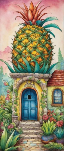 house pineapple,pineapple farm,pineapple basket,hacienda,pineapple plant,pachamama,agave,sonoran,pineapple field,colored pencil background,home landscape,tropical house,khokhloma painting,vegetables landscape,dandelion hall,mushroom landscape,bird kingdom,rosa cantina,garden of eden,pinapple,Illustration,Paper based,Paper Based 28