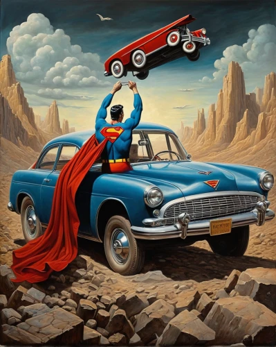 edsel,edsel ranger,superman,edsel citation,nash metropolitan,thunderbird,super man,buick y-job,el salvador dali,opel record p1,ford prefect,ford anglia,hudson hornet,surrealistic,super woman,flying carpet,surrealism,jumper cables,matador,caped,Illustration,Realistic Fantasy,Realistic Fantasy 40