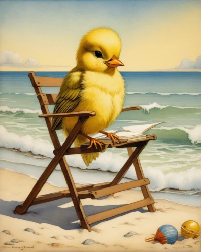 canaries,atlantic canary,coastal bird,beach chair,deckchair,sea bird,bird painting,beach landscape,sun parakeet,vintage art,beach furniture,yellow chicken,easter chick,deck chair,canary bird,yellowhammer,painting eggs,ornithology,hatching chicks,baby chick,Illustration,Retro,Retro 19