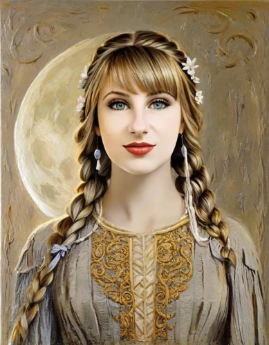fantasy portrait,mystical portrait of a girl,fantasy art,herfstanemoon,portrait of a girl,emile vernon,oil painting on canvas,romantic portrait,celtic queen,zodiac sign libra,oil painting,portrait of christi,russian folk style,balalaika,girl in a historic way,thracian,mary-gold,fantasy woman,golden wreath,young girl