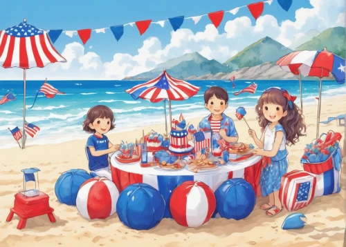 summer beach umbrellas,umbrella beach,summer icons,beach chairs,summer party,birthday banner background,beach umbrella,kawaii people swimming,beach goers,seaside country,beach background,haruhi suzumiya sos brigade,ice cream stand,french digital background,summer background,red white blue,beach bar,summer fair,beach tent,summer day,Illustration,Japanese style,Japanese Style 18