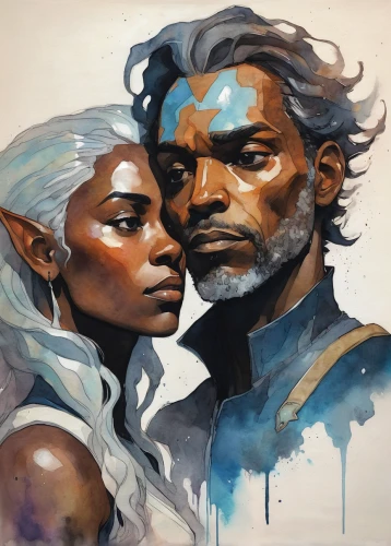 fantasy portrait,custom portrait,oil painting on canvas,man and wife,cg artwork,man and woman,painting work,oil on canvas,black couple,father and daughter,romantic portrait,painting technique,husband and wife,two people,x-men,blue painting,mother and father,lando,artists of stars,game art,Illustration,Abstract Fantasy,Abstract Fantasy 18