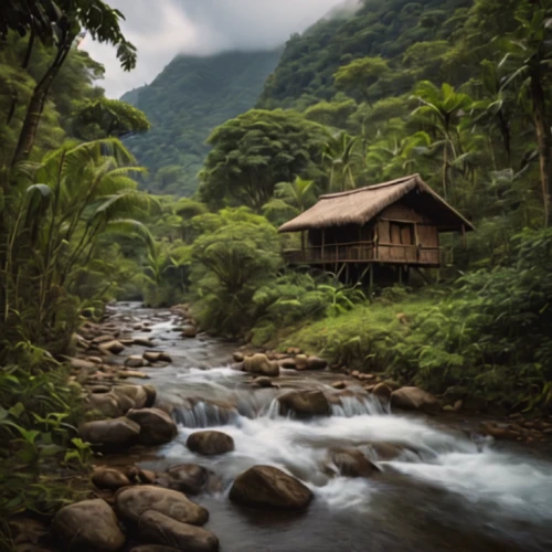 tropical house,costa rica,house in mountains,samoa,wooden hut,vietnam,house in the forest,the cabin in the mountains,stilt house,philippines,borneo,kauai,house in the mountains,water mill,wooden house,tropical and subtropical coniferous forests,valdivian temperate rain forest,secluded,lonely house,rain forest