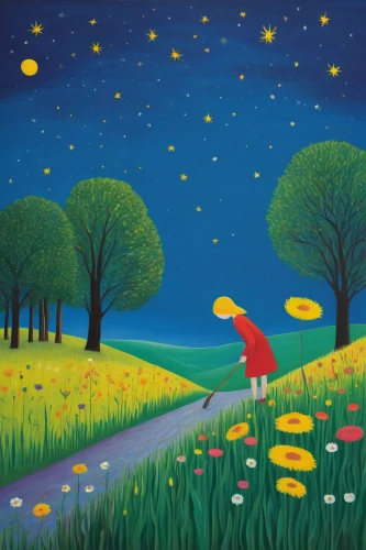 fireflies,carol colman,night scene,children's background,tulip field,night stars,hare trail,dandelion field,cosmos field,carol m highsmith,meadow play,girl picking flowers,falling star,dreamland,springtime background,dandelion meadow,falling stars,flying dandelions,blooming field,little girl with balloons,Art,Artistic Painting,Artistic Painting 26