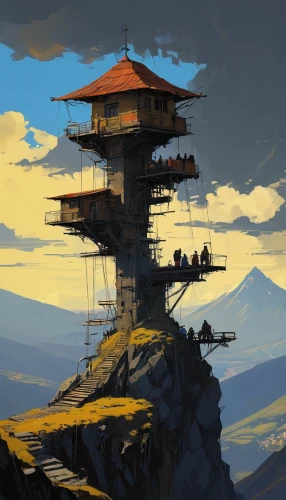 pagoda,ancient city,lookout tower,observation tower,futuristic landscape,stone pagoda,roof landscape,bird tower,watchtower,tigers nest,sky apartment,observation deck,roofs,mountain settlement,summit castle,ancient buildings,beacon,summit,asian architecture,the observation deck,Conceptual Art,Sci-Fi,Sci-Fi 01