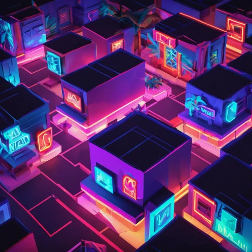 cubes,neon ghosts,colorful city,neon light,isometric,pink squares,neon lights,neon,neon candies,cube background,neon coffee,city blocks,neon arrows,colored lights,pixel cells,cinema 4d,3d render,neon colors,cubic,neon human resources,Unique,3D,Low Poly