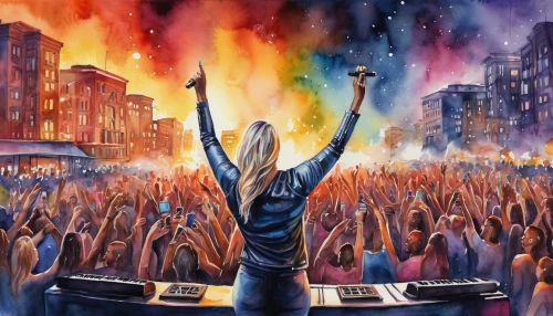 dj,raised hands,music festival,the festival of colors,street party,hands up,festival,riot,concert crowd,electronic music,rave,concert,colorful city,tomorrowland,live concert,pyrotechnic,pride parade,rock concert,fire artist,fireworks art,Illustration,Paper based,Paper Based 24