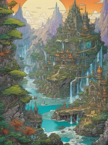 fantasy landscape,mountain settlement,ancient city,fantasy city,fairy village,imperial shores,fantasy world,aurora village,fantasy picture,mountain village,water castle,fantasy art,fairy world,knight village,meteora,mountain world,knight's castle,an island far away landscape,cartoon video game background,mushroom landscape,Illustration,Black and White,Black and White 06