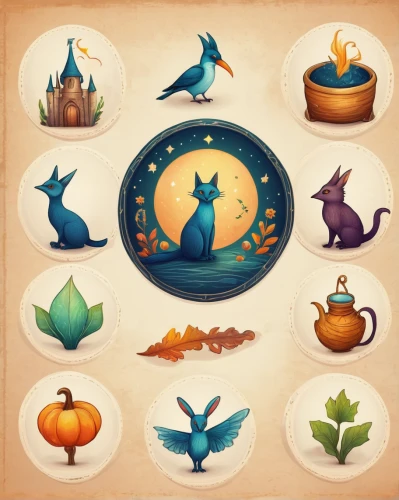 fairy tale icons,witch's hat icon,rodentia icons,halloween icons,icon set,fall animals,fruits icons,animal icons,whimsical animals,leaf icons,round animals,fruit icons,set of icons,autumn icon,crown icons,decorative pumpkins,circle icons,collected game assets,lab mouse icon,fairytale characters,Illustration,Abstract Fantasy,Abstract Fantasy 16
