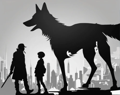 silhouette art,dog illustration,boy and dog,black shepherd,animal silhouettes,king shepherd,dog line art,stray dogs,companion dog,german shepards,shepherds,police dog,dog walker,cowboy silhouettes,sci fiction illustration,art silhouette,gsd,game illustration,schutzhund,malinois and border collie,Illustration,Black and White,Black and White 31