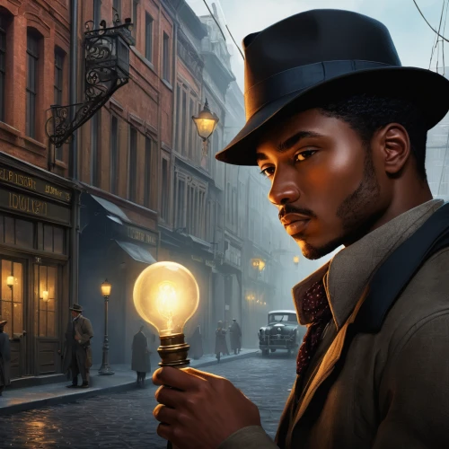 lamplighter,black businessman,gas lamp,stovepipe hat,sci fiction illustration,man holding gun and light,game illustration,investigator,bowler hat,detective,cg artwork,world digital painting,top hat,man with umbrella,black hat,african american male,inspector,african businessman,fedora,novelist,Art,Classical Oil Painting,Classical Oil Painting 31