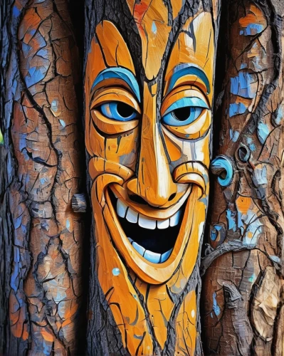 tree face,wooden man,wood art,painted tree,wooden mask,on wood,wooden figure,wood carving,totem,ornamental wood,carved wood,wooden figures,in wood,made of wood,totem pole,bodypainting,tree man,wood background,wood elf,wooden mannequin,Conceptual Art,Oil color,Oil Color 24