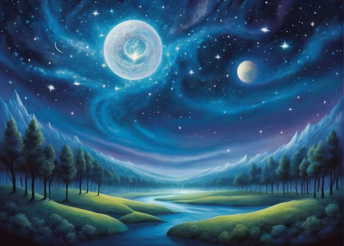 moon and star background,celestial bodies,star winds,mother earth,moon and star,phase of the moon,stars and moon,starry sky,fantasy picture,blue moon,moonlit night,hanging moon,the moon and the stars,starry night,fantasy art,oil painting on canvas,moon phase,lunar landscape,moons,jupiter moon,Illustration,Abstract Fantasy,Abstract Fantasy 03