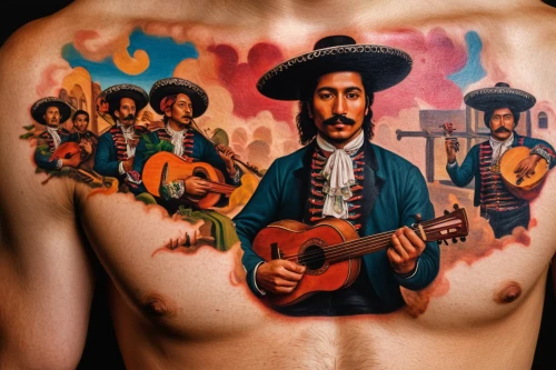 mariachi,el salvador dali,body art,mexican culture,pandero jarocho,body painting,hand-painted,painted guitar,mexican revolution,tattoo artist,folk art,bodypainting,with tattoo,tattoo,tattoos,mexican,bodypaint,musicians,mexican tradition,tattoo expo,Art,Classical Oil Painting,Classical Oil Painting 41