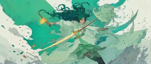 malachite,dryad,water-the sword lily,sea god,emerald,transistor,sword lily,wakame,emerald sea,seaweed,god of the sea,the sea maid,nine-tailed,merfolk,neptune,summoner,the enchantress,rusalka,lilly of the valley,green dragon,Illustration,Paper based,Paper Based 19