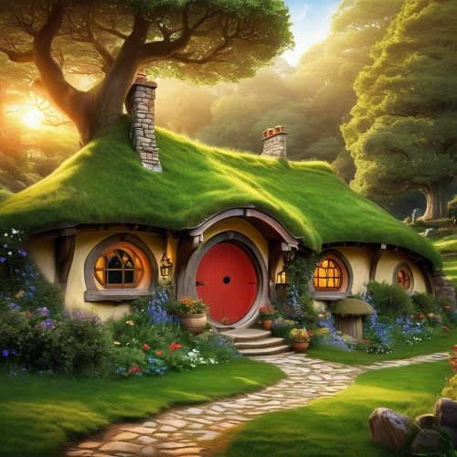 hobbiton,fairy village,fairy house,fairy door,studio ghibli,hobbit,little house,home landscape,house in the forest,dandelion hall,cartoon video game background,beautiful home,summer cottage,druid grove,children's background,fantasy picture,aurora village,small house,fairy world,a fairy tale,Illustration,Realistic Fantasy,Realistic Fantasy 01
