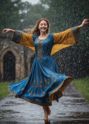 celtic woman,walking in the rain,in the rain,cinderella,raindops,mary poppins,hobbiton,monsoon banner,gracefulness,little girl in wind,the sun and the rain,princess anna,monsoon,merida,jane austen,girl in a historic way,girl in a long dress,the snow queen,sound of music,blue rain,Illustration,Realistic Fantasy,Realistic Fantasy 42