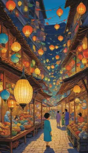 lanterns,japanese paper lanterns,chinese lanterns,mid-autumn festival,fairy lanterns,watercolor shops,mooncake festival,morocco lanterns,namdaemun market,souk,studio ghibli,the market,chinese lantern,watercolor tea shop,kowloon,lantern string,souq,illuminated lantern,angel lanterns,market,Illustration,Japanese style,Japanese Style 20