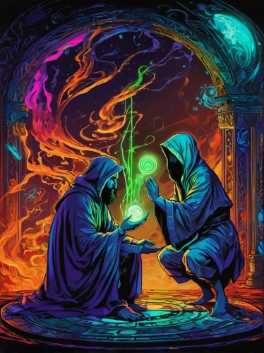 alchemy,psychedelic art,neon ghosts,monks,chalk drawing,fire artist,offering,fortune teller,exchange of ideas,wizards,the annunciation,examining,mysticism,druids,sacred art,cauldron,fantasy art,astronomers,conjure up,mirror of souls,Conceptual Art,Daily,Daily 24