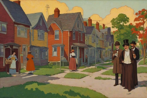 street scene,grant wood,row houses,row of houses,1900s,pilgrims,old linden alley,1906,1905,henry g marquand house,july 1888,1921,1920s,chestnut avenue,townhouses,1926,church painting,village scene,orlovsky,1925,Art,Classical Oil Painting,Classical Oil Painting 14