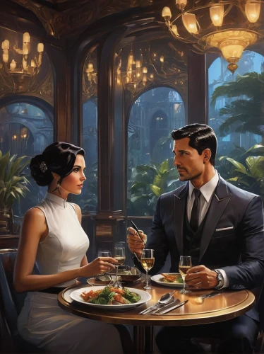 roaring twenties couple,romantic dinner,dinner for two,fine dining restaurant,diner,romantic meeting,romantic scene,date night,retro diner,romantic night,romantic portrait,cg artwork,date,wedding couple,a restaurant,dining,gentlemanly,exclusive banquet,bistro,pandesal,Conceptual Art,Fantasy,Fantasy 12