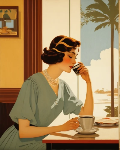 woman drinking coffee,art deco woman,woman at cafe,women at cafe,retro women,art deco,retro woman,the coffee shop,vintage art,vintage illustration,ann margarett-hollywood,woman with ice-cream,café au lait,coffee shop,parisian coffee,vintage woman,travel poster,coffee tea illustration,coffee background,drinking coffee,Illustration,Retro,Retro 15