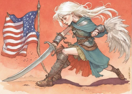 patriot,joan of arc,female warrior,wind warrior,honor,liberty,flag day (usa),america,patriotism,lone warrior,heroic fantasy,fantasy warrior,warrior woman,white eagle,nordic,veteran,patriotic,dove of peace,usa,freedom from the heart,Illustration,Paper based,Paper Based 17