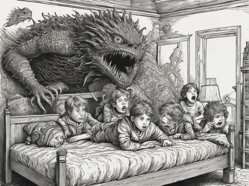 children's fairy tale,room children,the little girl's room,charcoal nest,sci fiction illustration,thrones,book illustration,child monster,parents with children,kids illustration,dragons,jrr tolkien,parents and children,hand-drawn illustration,black dragon,krampus,dragon of earth,monsters,children's bedroom,mulberry family,Illustration,Black and White,Black and White 27