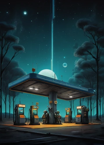 electric gas station,gas-station,gas station,e-gas station,petrol pump,retro diner,filling station,gas pump,futuristic landscape,truck stop,gas planet,convenience store,diner,sci fiction illustration,earth station,drive in restaurant,moon car,research station,ufo interior,atomic age,Illustration,Abstract Fantasy,Abstract Fantasy 19
