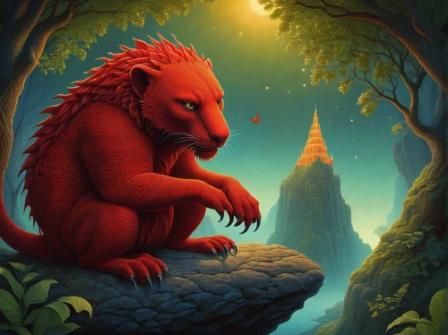 forest dragon,goji,forest king lion,forest animal,chinese dragon,game illustration,kong,painted dragon,basilisk,saurian,cynorhodon,zodiac sign leo,little red riding hood,red riding hood,gryphon,on a red background,fantasy picture,landmannahellir,gargoyle,king kong,Illustration,Realistic Fantasy,Realistic Fantasy 26