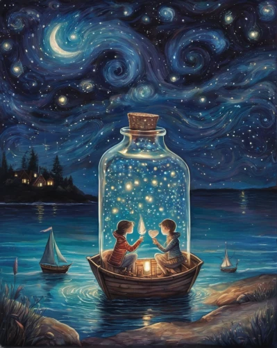 message in a bottle,romantic scene,fairy lanterns,lantern,dreams catcher,waterglobe,lanterns,romantic night,oil painting on canvas,illuminated lantern,snowglobes,fantasy picture,snow globes,sea night,glass jar,night scene,starry night,wishing well,angel lanterns,art painting,Illustration,Abstract Fantasy,Abstract Fantasy 11