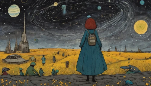 cosmos field,astronomer,sci fiction illustration,travelers,starry night,vincent van gough,perseids,constellations,astronomy,lost in space,traveler,the night sky,falling stars,the stars,astronomers,starfield,stargazing,orbiting,fireflies,starry sky,Art,Artistic Painting,Artistic Painting 49
