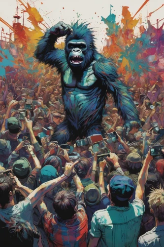 gorilla,kong,king kong,monkeys band,concert crowd,great apes,bonobo,gorilla soldier,mandrill,parookaville,carnival,war monkey,music festival,crowd,crowds,outbreak,rave,the festival of colors,neon carnival brasil,ape,Illustration,Paper based,Paper Based 13