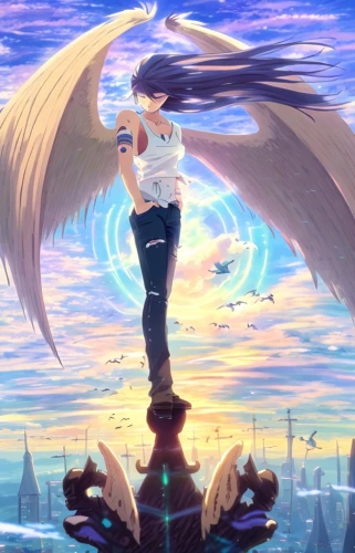 nine-tailed,flying heart,fallen angel,flying girl,angel wing,winged heart,angel’s tear,alibaba,fantasia,guardian angel,angel,would a background,harp of falcon eastern,pegasus,angel playing the harp,sky,falling star,2d,background screen,world end,Common,Common,Japanese Manga