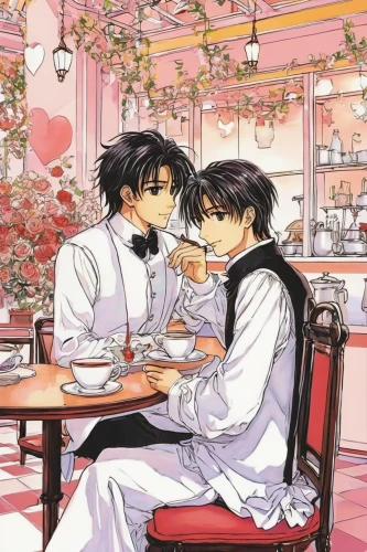 clamp,romantic dinner,wedding banquet,teatime,detective conan,silver wedding,date,takato cherry blossoms,afternoon tea,high tea,tea time,romantic scene,tearoom,dining,the cherry blossoms,grooms,husbands,wedding couple,wedding icons,sweethearts,Illustration,Japanese style,Japanese Style 13