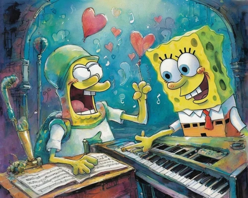 sponge bob,house of sponge bob,musicians,serenade,artists,singers,oil painting on canvas,sponges,duet,keytar,concerto for piano,music,pianos,sponge,piano player,artists of stars,entertainers,music fantasy,music book,piano,Illustration,Paper based,Paper Based 12