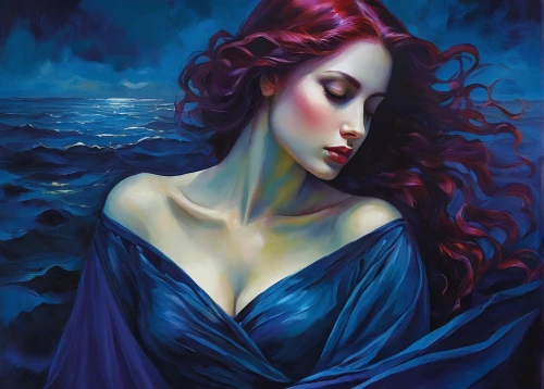 rusalka,siren,la violetta,the sea maid,blue enchantress,water nymph,mermaid background,oil painting on canvas,blue waters,deep blue,sailing blue purple,ariel,fantasy art,the wind from the sea,romantic portrait,oil painting,blue sea,blue rose,sea breeze,fantasy portrait,Illustration,Realistic Fantasy,Realistic Fantasy 30