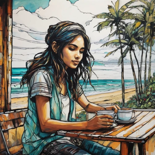 woman at cafe,watercolor cafe,woman drinking coffee,coffee watercolor,coffee tea illustration,david bates,coffee shop,boho art,the coffee shop,women at cafe,watercolor tea shop,coffee tea drawing,watercolor painting,girl drawing,girl with bread-and-butter,girl on the dune,coffee bay,coffeehouse,coffee background,girl studying,Illustration,Realistic Fantasy,Realistic Fantasy 23