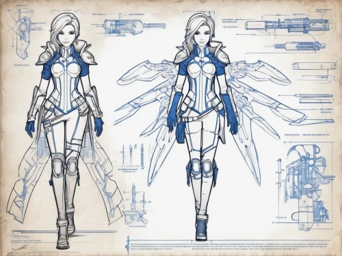 concept art,costume design,blueprint,blueprints,water-the sword lily,heavy object,wireframe graphics,nancy crossbows,biomechanical,wireframe,winterblueher,female warrior,breastplate,swordswoman,character animation,ixia,comic character,neottia nidus-avis,knight armor,retro paper doll,Unique,Design,Blueprint