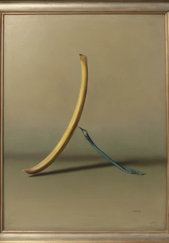 shofar,pencil frame,elephant tusks,banana peel,banana,banana cue,gold frame,art nouveau frame,botanical frame,baguette frame,holding a frame,framed paper,wood frame,tusks,monkey banana,bananas,wooden frame,scythe,deer antler,boomerang,Calligraphy,Painting,Still Life With Long Table