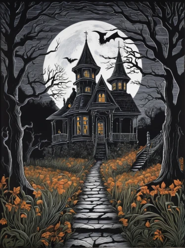 witch's house,witch house,halloween illustration,halloween border,halloween scene,halloween poster,the haunted house,halloween background,halloween and horror,halloween paper,haunted house,halloween travel trailer,halloween decor,haunted castle,david bates,halloween borders,halloween pumpkin gifts,halloween ghosts,halloween frame,halloween wallpaper,Illustration,Black and White,Black and White 15